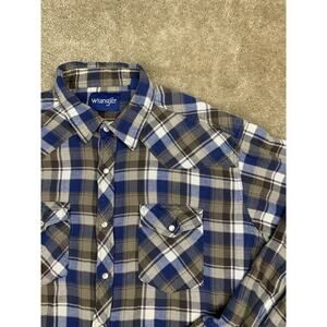 Wrangler Pearl Snap Men’s XL Blue Brown Plaid Long Sleeve 100% Cotton 751